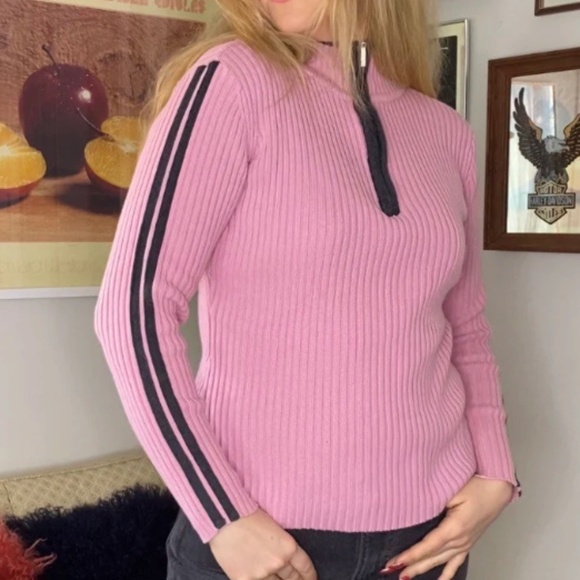 Roots 73 Half Zip Long Sleeved Sweater in Dusty Rose Pink - Racing Stripe - S/M - Picture 1 of 9